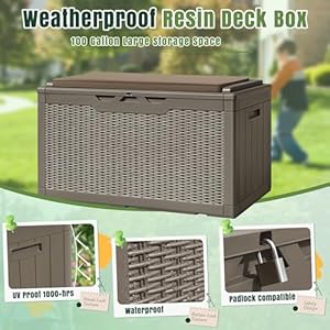 Greesum 100 gallon resin deck box large outdoor storage with cushions for patio furniture garden tools pool supplies weatherproof and uv resistant lockable coffee  urban country home decor
