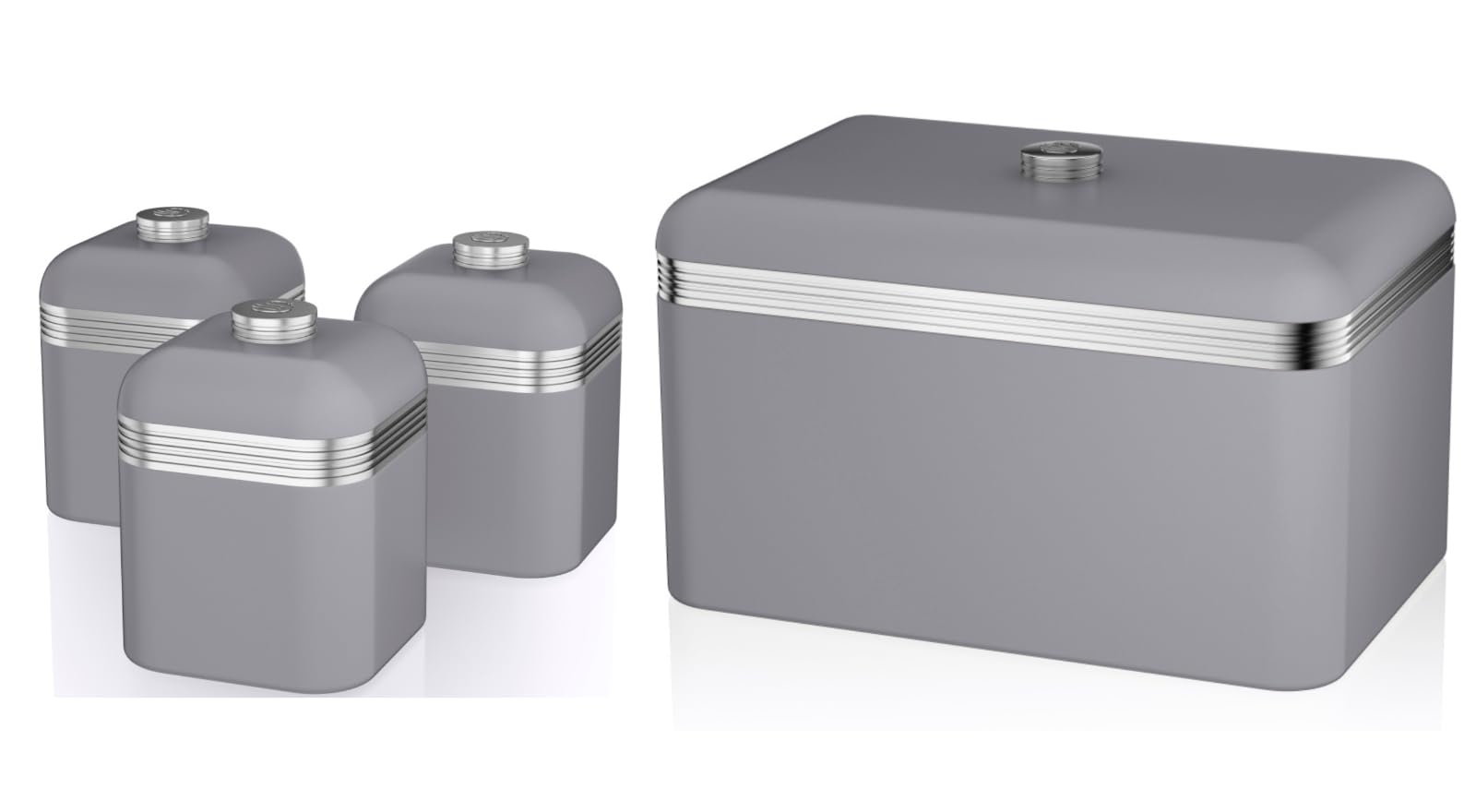 Swan Grey Retro Bread Bin And Tea, Coffee, Sugar Canisters. Matching Retro Design Kitchen Storage Set In