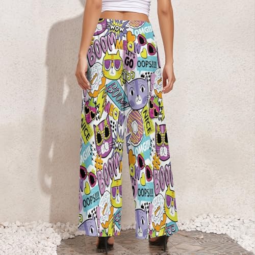 Modern Abstract Glasses Cat Palazzo Pants for Women, Soft Womens Wide Leg Baggy Pants, Comfy Lounge Pants for Women4