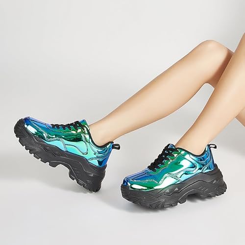 Niluber Chunky Sneakers for Women Platform Sneakers for Women Comfortable Casual Tennis Shoes Lace Up Fashion Walking Shoes(Blue Hologram,7)