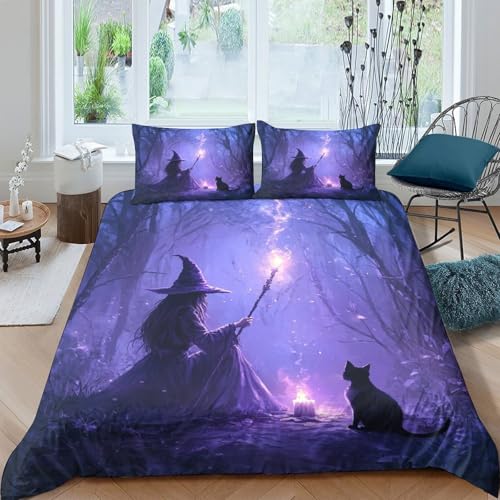 Housse de couette sorcière forêt lit simple 135x200cm microfibre 3D