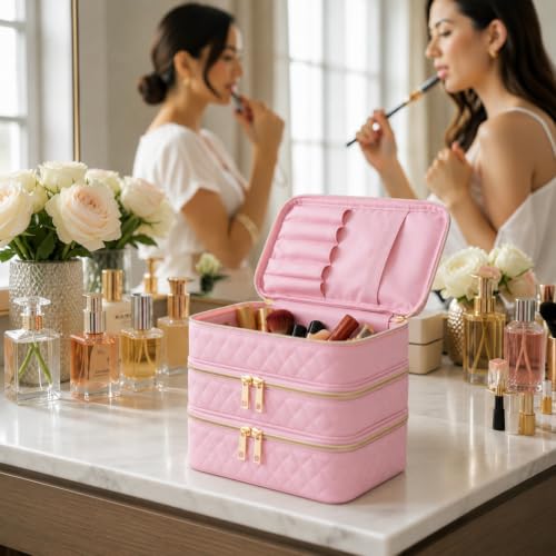Image of Handcuffs Cosmetic Bag for Women 3-Layer Zipper Makeup Organizer with Carry Handle for Travel & Home | Multipurpose Vanity Box for Toiletries Make Up Accessories Brushes & Cosmetics (Pink)