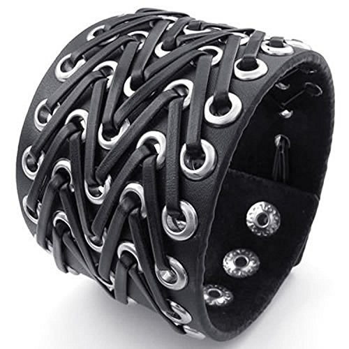 mendino Herren Breit Manschette schwarz Punk Rock verstellbar geflochten Legierung Echtes Leder Armband Armreif mit 1 x Ohrstecker Tasche
