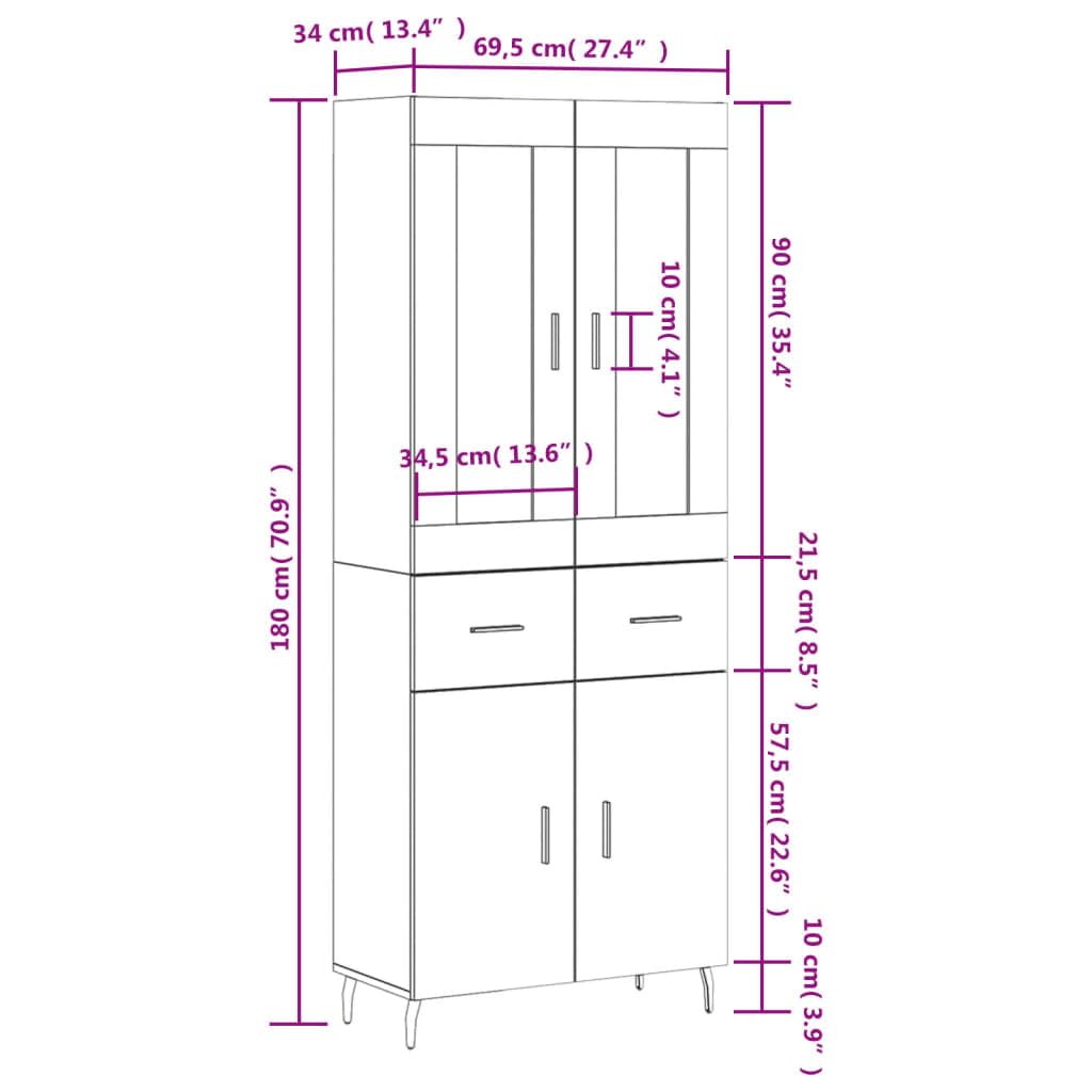 Meuble haut blanc 69,5 x 34 x 180 cm en bois avec pieds en métal, élégante armoire de salon, buffet polyvalent pour cuisine, couloir et chambre à coucher, commodes et buffets stables