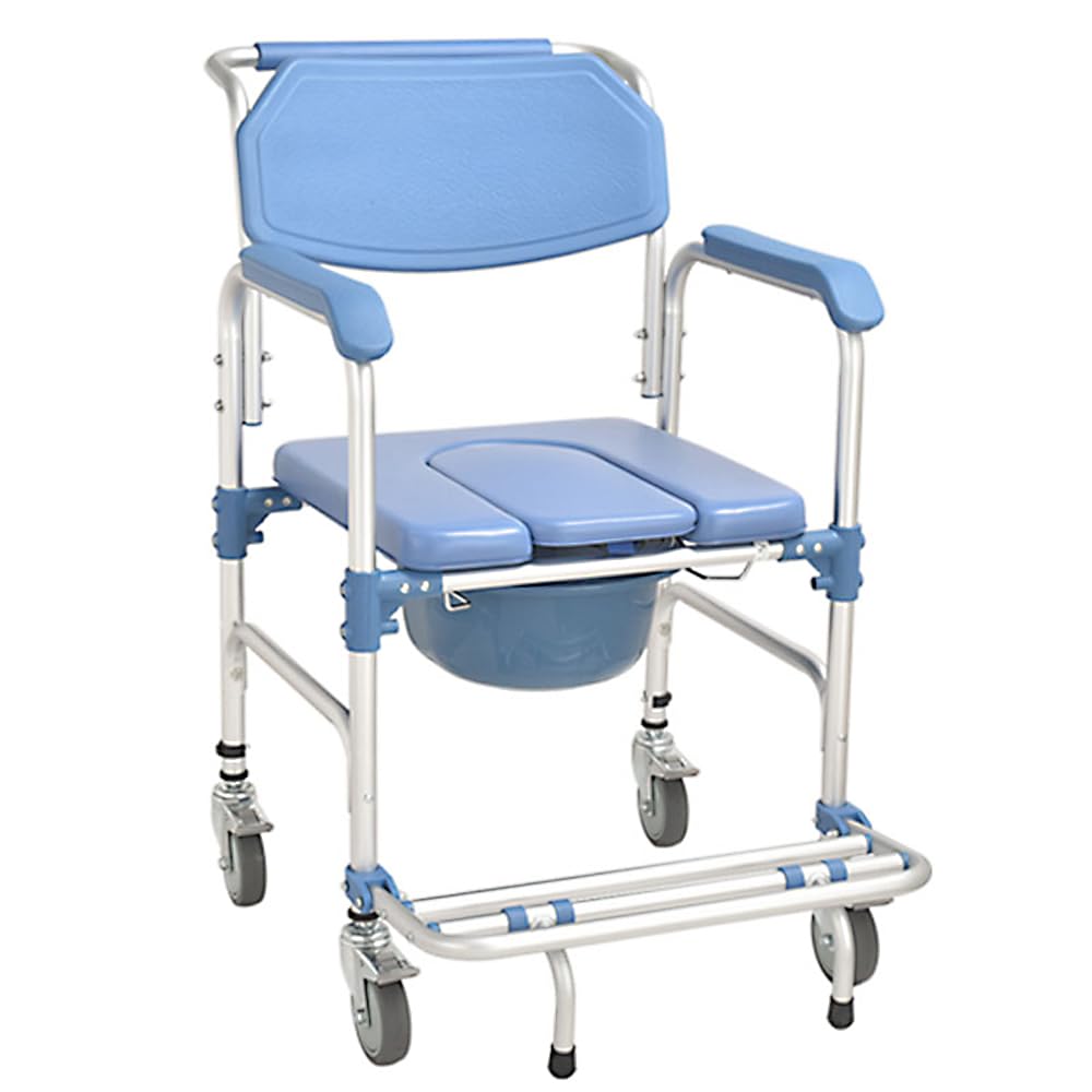 Sedia per WC mobile con braccioli e schienale, sedia da doccia con ruote per anziani e disabili, fino a 150 kg