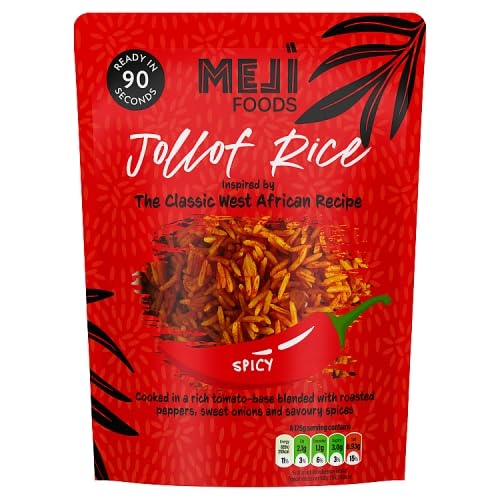 MEJI Foods Jollof Rice Spicy Flavour Instant Microwave Rice Ready in 90 Seconds Box of 8 x 250g Authentic West African Recipe Vegetarian Friendly