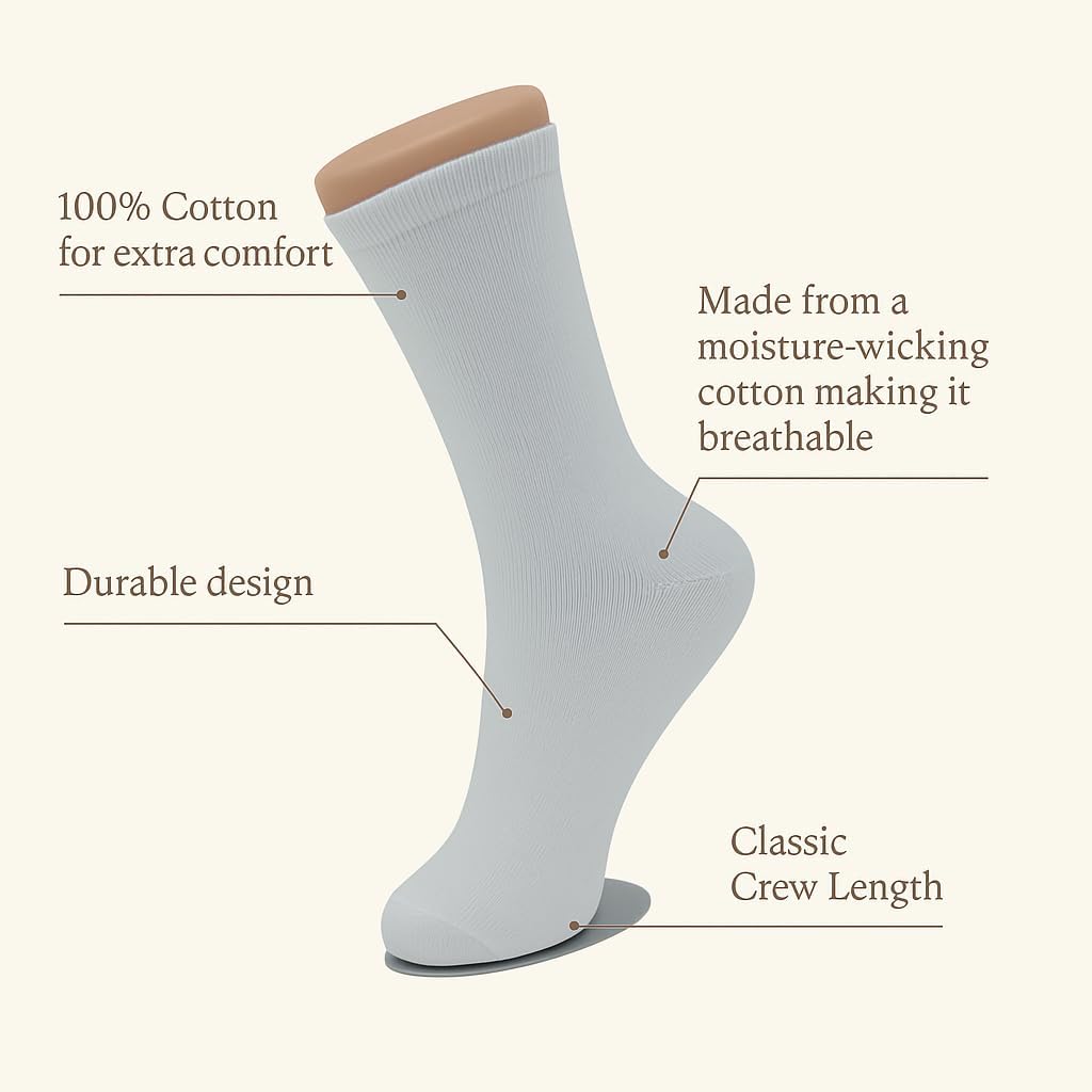 100% Cotton Crew Socks for Women (6-Pack) – Pure Natural Cotton Womens Crew Socks – Soft Daily Casual Socks