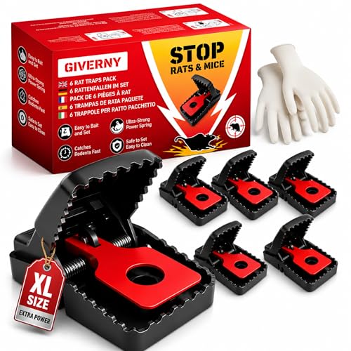GIVERNY Piège à Rats & Souris XXL (Lot de 6) – Tapette Ultra-Puissante Réutilisable, Sensible & Sécurisée, Anti Rongeurs, Non Toxique, avec Gants...