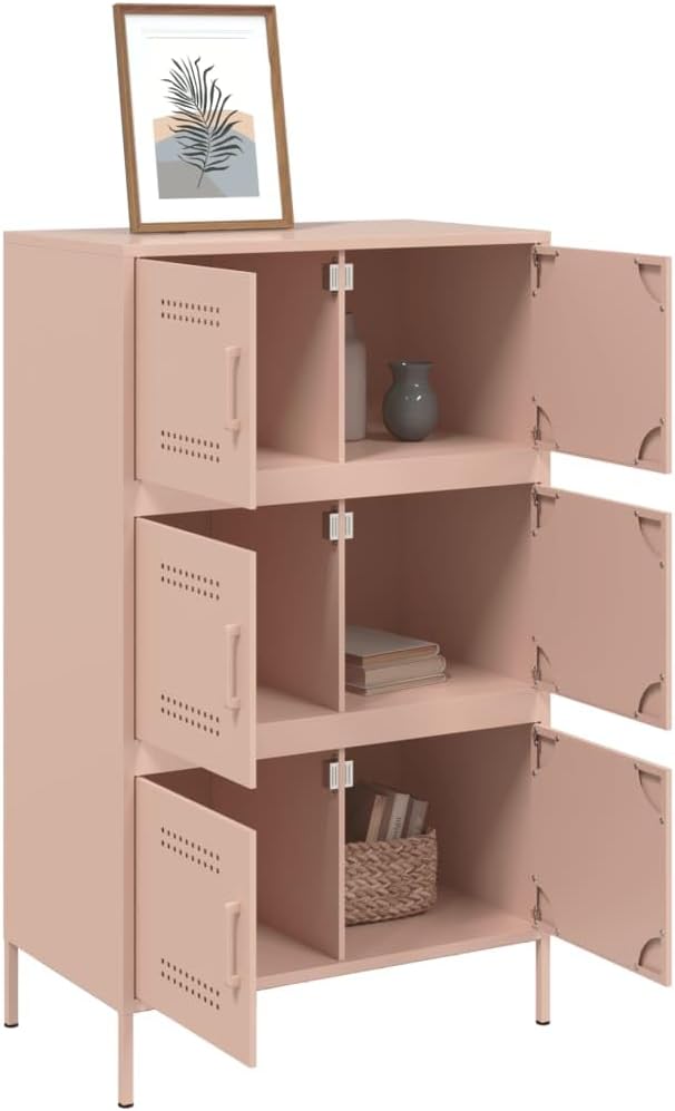 vidaXL Pink Steel Sideboard with doors open, showing internal compartments