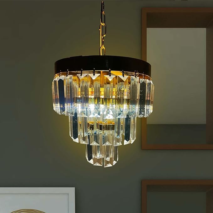 Image of 9 Inches Round Crystal Chandelier | Jhumar for Home Decoration | Crystal Jhoomer for Ceiling | Golden | (Bulb Included)