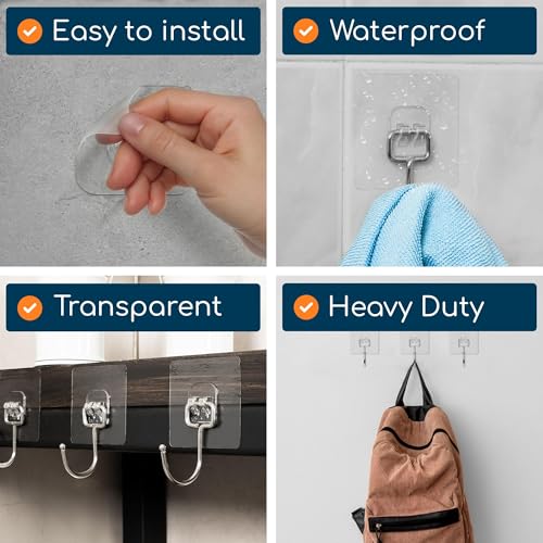 Image of GLUIT Adhesive Large Wall Hooks for Hanging Heavy Duty 22 lbs Hooks for Walls No Drill, Towel Sticky Clear Hooks, Waterproof, Home, Bathroom, Kitchen, Office, and Outdoor 12 Pack
