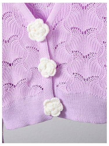 SweatyRocks Girl's 3D Flower Button Down Crop Cardigan Long Sleeve Hollow Out Knit Sweaters Outerwear4