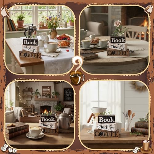 Image of Moucuny 4 Pcs Farmhouse Table Decor Rustic Wooden inchbook and Coffee inch Stacked Block Sign - Vintage Farmhouse Tiered Tray Decor with Coffee Cup & Bean Design, Perfect for Home Office Bookshelf Display