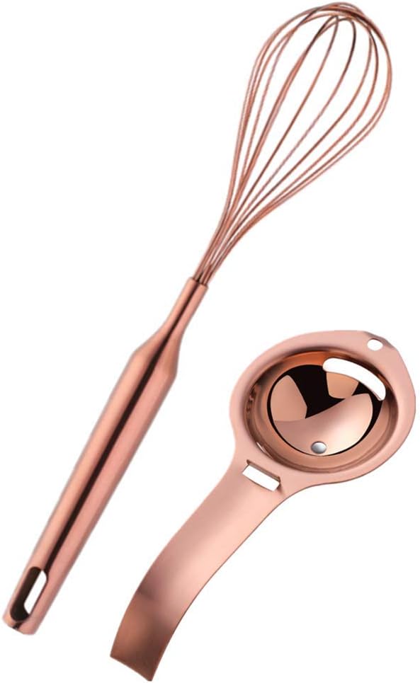 Stainless Steel Balloon Whisks and Egg-Separators Set, Mingcheng 12" Manual Egg-Blender for Cooking Non Scratch Perfect for Kitchen Blending, Whisking, Beating and Stirring, Dishwasher Safe Rose Gold