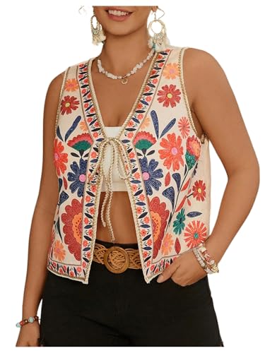Verdusa Women's Plus Size Bow Floral Lightweight Cardigans Boho Sleeveless Jacket Outwear