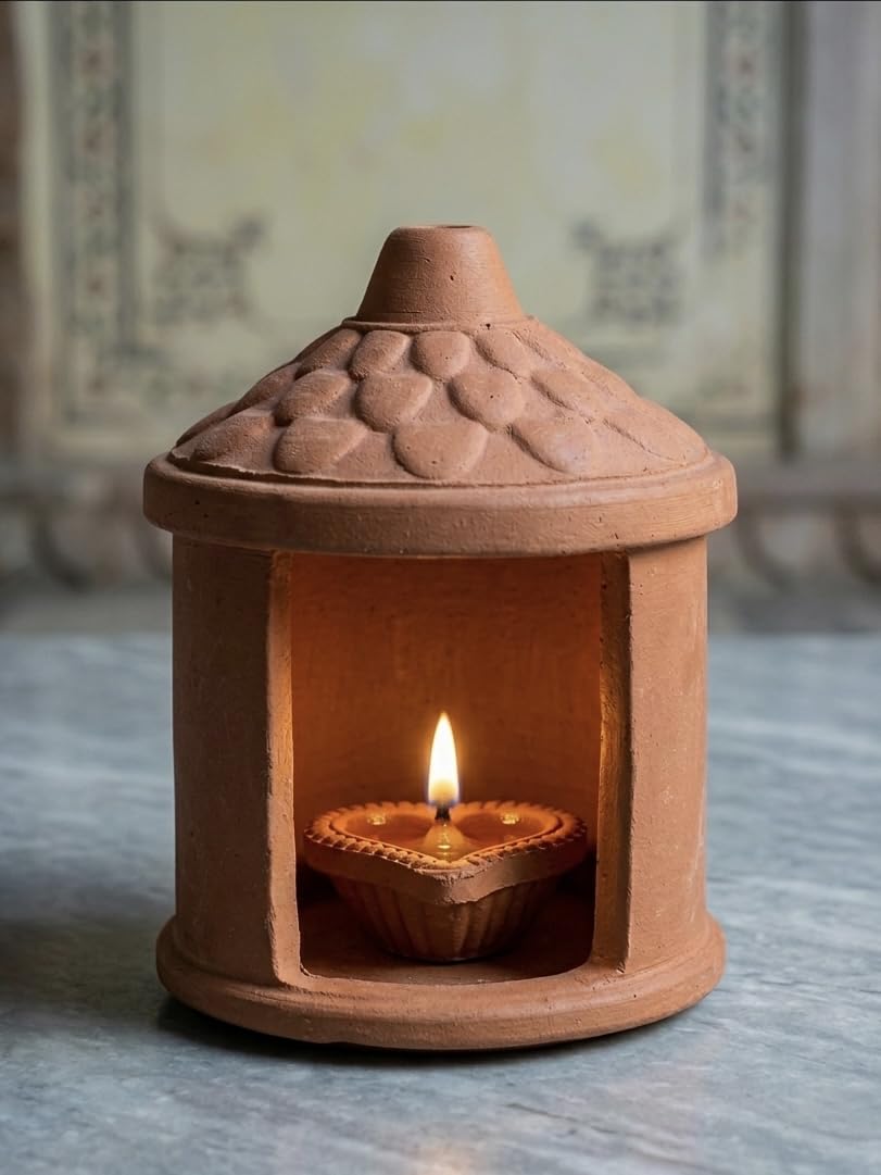 Handmade Terracotta Clay Diya for Mandir Home | Traditional Mitti Diyas | Temple Shape Eco-Friendly Earthen Rustic Indian Handcrafted Pottery Art Medium Size(11.5 x 8.5 CM)-image-8