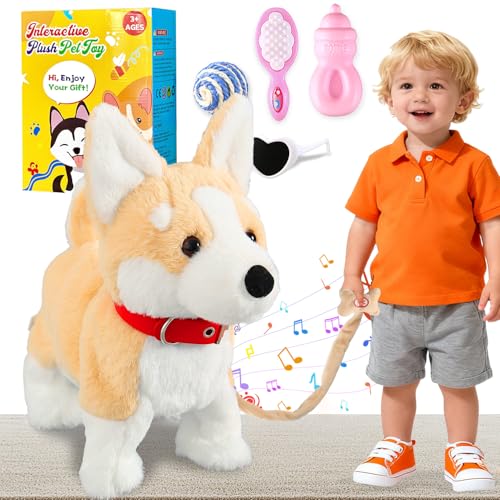 Corgi Walking Puppy Bellen & Singen, Tanzen mit Leine, Wackeln Schwanz, Elektronischer Roboter Hund Plüsch Stofftier für Kinder