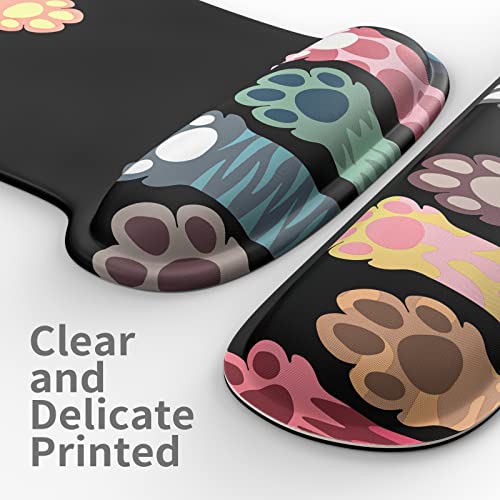 Black Wrist Rest Support Ergonomic Gel Mouse Pad & Memory Foam Keyboard Set Non-Slip Rubber PU Base Easy Typing and Relieve Wrist Pain Mouse Mat for Computer Office - Colorful Cat Paws - Thumbnail 7