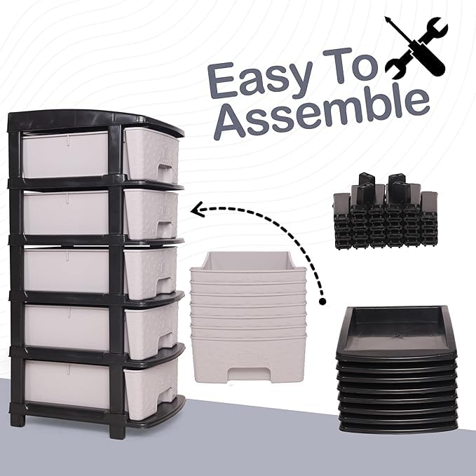 Image of KITCHIVO Plastic Modular Drawer Storage Chest Of Drawers Organizer Storage Box, Large Stomo Racks For Multipurpose Anti-slip Shoes Organizers (Grey, 5 Layer)