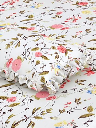 Image of VOMZER Cotton Feel King Size Flat Bedsheet for Double Bed, 1 Cotton Feel Bed Sheet Double Bed (90x100 Inches) with 2 Frill Pillow Cover, White Leaf