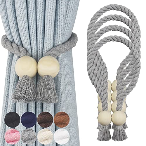 Image of Nieffeiy 4 Pack Magnetic Curtain Tiebacks Cotton Hand Woven Tie Back Decorative Rope Holdbacks for Curtains Draperies No Tools Required, Grey
