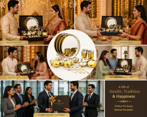 Image of Silverglow Hammered Stainless Steel Dinner Set of 24 pcs, Gold Plated Dinnerware Set for 4 People, Diwali Wedding Return Gift, Hotel Restaurant Steel Luxury Gold Plate Set