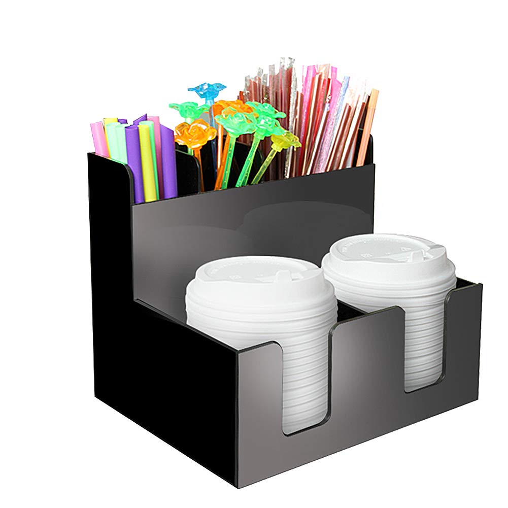 KayJery 5 Compartments Coffee Condiment And Accessories Organizer, Acrylic Material, Suitable for Coffee Lid & Straw, Black