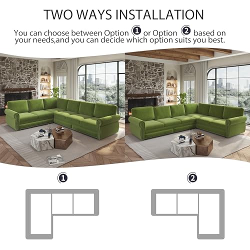 Image of KCGKCG 118 inch Sleeper Sofa Bed, Sectional Couches for Living Room /Apartment, Chenille L Shaped Couch with Pull Out Couch Bed, Convertible Sectional Sofa with Rolled Arm & Nailhead Trim, Light Green