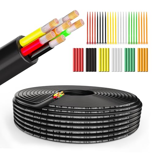 Wirelume 18AWG 6x0.75 mm² Fil électrique 6 conducteurs 5V/12V/24V Câble d'alimentation PVC toronné 10FT/3M Câble en cuivre étamé basse tension Gaine ronde Câble mince