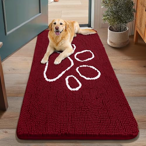 Image of Smiry Dog Door Mat for Muddy Paws, Absorbent Dirt Trapper Non Slip Quick Dry Washable Chenille Mat for Mud Dogs, Entry Rug for Indoor and Outdoor (48x30 Inches, Red and White)