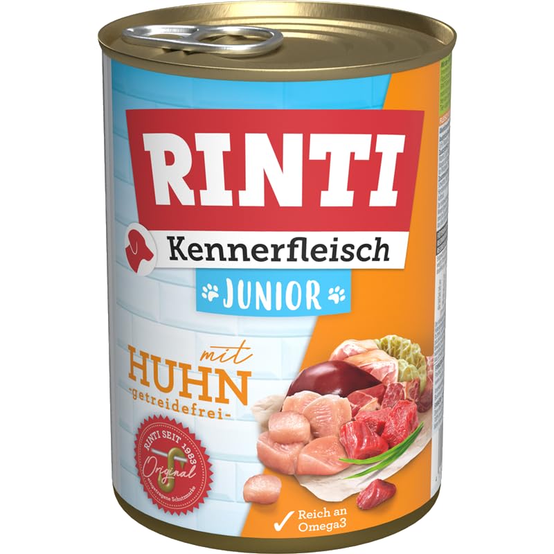 RINTI-Kennerfleisch Junior Mixpaket 12 x 400g | Welpen-Nassfutter Huhn & Rind | Nassfutter für Welpen | Getreidefrei mit Omega 3 & Rübenfasern | Juniorfutter ohne Soja
