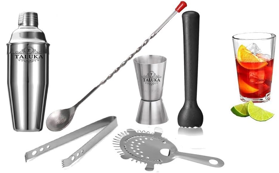 Image of Taluka 6 Pc Stainless Steel Cocktail Shaker Set 750 ML Strainer Muddler Jigger /Peg Measure Ice Tong Mixing Spoon Bartender Kit Bar Set Housewarming Gift