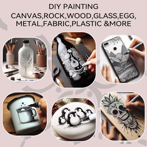 TRANSON 4 Black and 4 White Paint Markers Bold and Fine Dual-tip Acrylic Paint Marker Set for Rock Painting Glass Canvas Wood Leather Ceramic Painting