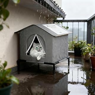 Cuccia Gatto Esterno Sollevata 7 cm con Tetto Antineve, Casetta Isolata Termica Resistente al Freddo con Porte Chiuse e Tappetino, Letto Caldo per Gatti Randagi in Inverno (40x33x33 cm, Grigio)