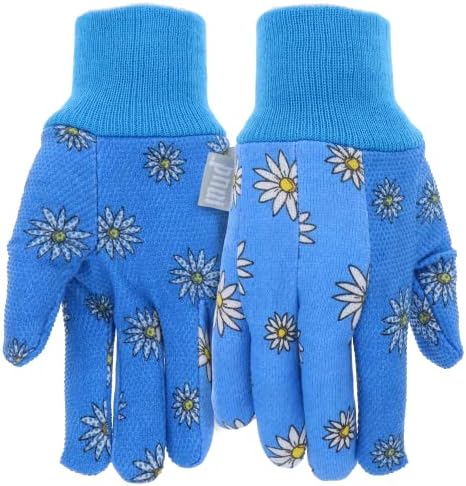 MUD Basic Women's PVC Dotted Palm And Daisy Printed Jersey Garden Glove, Extreme Comfort, Excellent Grip, Durable Wear, Blue, Medium/Large (M61001B-WML),MD61001B-WML