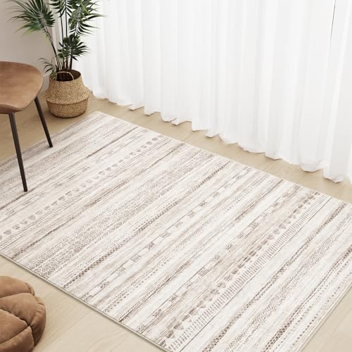 3x5 Area Rug Machine Washable Non Slip Rug Distressed Neutral Moroccan Boho Rug Ultra Soft Indoor Rugs for Bedroom Living Room Entryway Kitchen Foyer Bedside, Light Brown