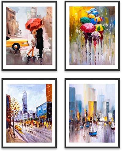 JITUIHOM Abstract Oil Painting on Canvas Set of 4 Modern Colorful Hand-Painted Wall Art Paintings Printed for Bedroom, Office Decor, Rainy Stree Cityscape Sailboat Artwork Poster(8"x10", Unframed)