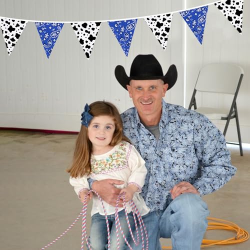 Image of 32Ft Western Cowboy Party Decorations Blue Paisley Bandana Pennant Banner Fabric Triangle Flag Wild West Garland Streamers for Western Cowboy Birthday Yee Haw Country Baby Shower Party Decor Supplies