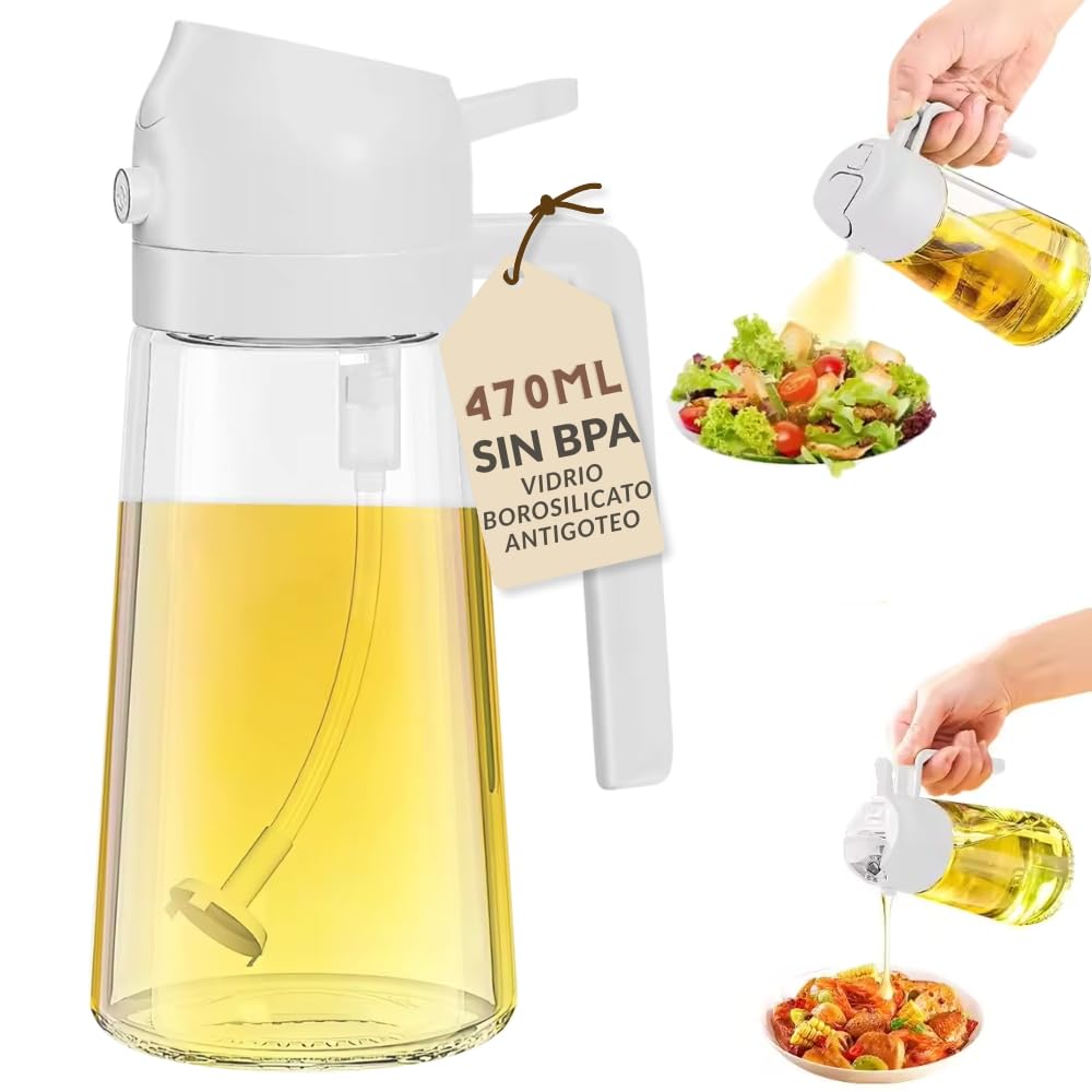 Cooking Oil Sprayer, 2 in 1 Olive Oil Dispenser Bottle for Kitchen, 17oz/470ml Glass Oil Bottle for Air Fryer, BBQ (White/Beige)