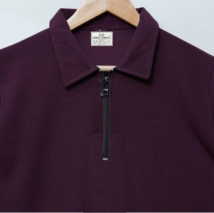 Image of Mack Jonney Ribbed |Regular Fit | Half Sleeves 100% Cotton Polo Neck Self Design with Zip T-Shirt for Men-M671