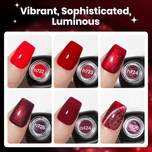 Image of Beetles Red Gel Nail Polish Set - 6 Colors Burgundy Wine Red Shimmer Gel Polish Kit with Magnet, Party Evening Gala Rouge Velvet Sparkle Soak Off UV LED Cured Nail Art Manicure Gifts for Women