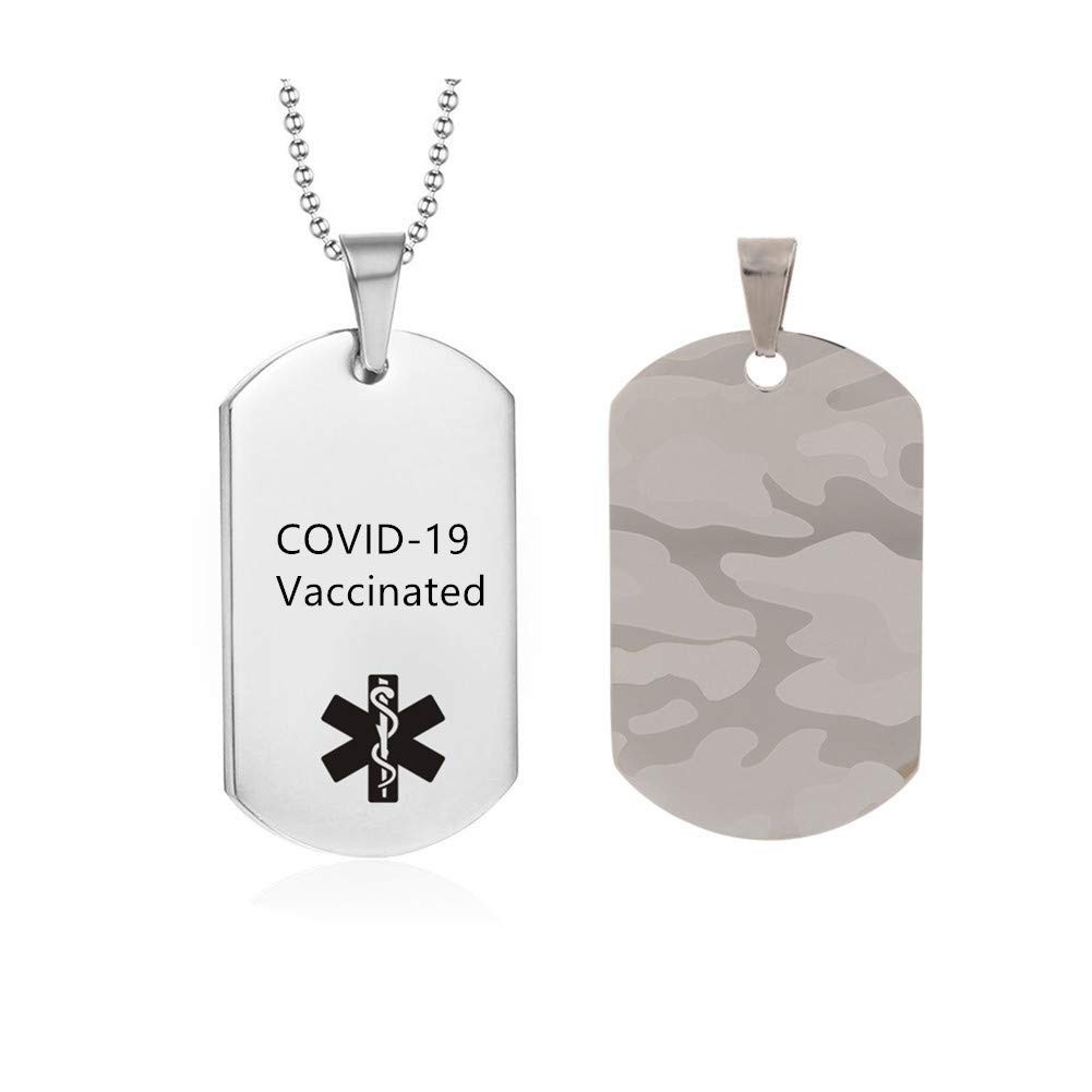 N+A Medical Alert Mens Womens Necklace COVID-19 Vaccinated Pendant Necklaces - Stainless Steel Camouflage ID Emergency Dog Tags Caduceus Neckalce Identification Health Systems