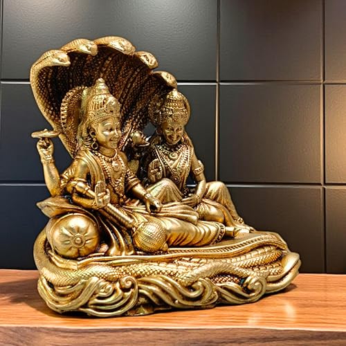 Estatua Vishnu Lakshmi en Sheshnag Acabado Latón 2 in miniatura 4