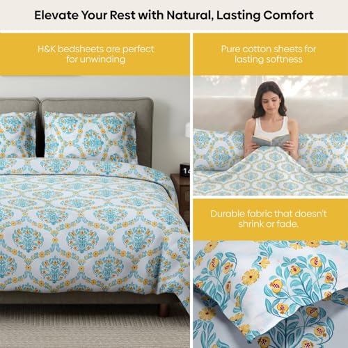 Image of Haus & Kinder King Size Bedsheet for Double Bed with 2 Pillow Covers 108 x 108 Inches | 186 TC Cotton Bedsheet for King Size Bed - Amber Orchard