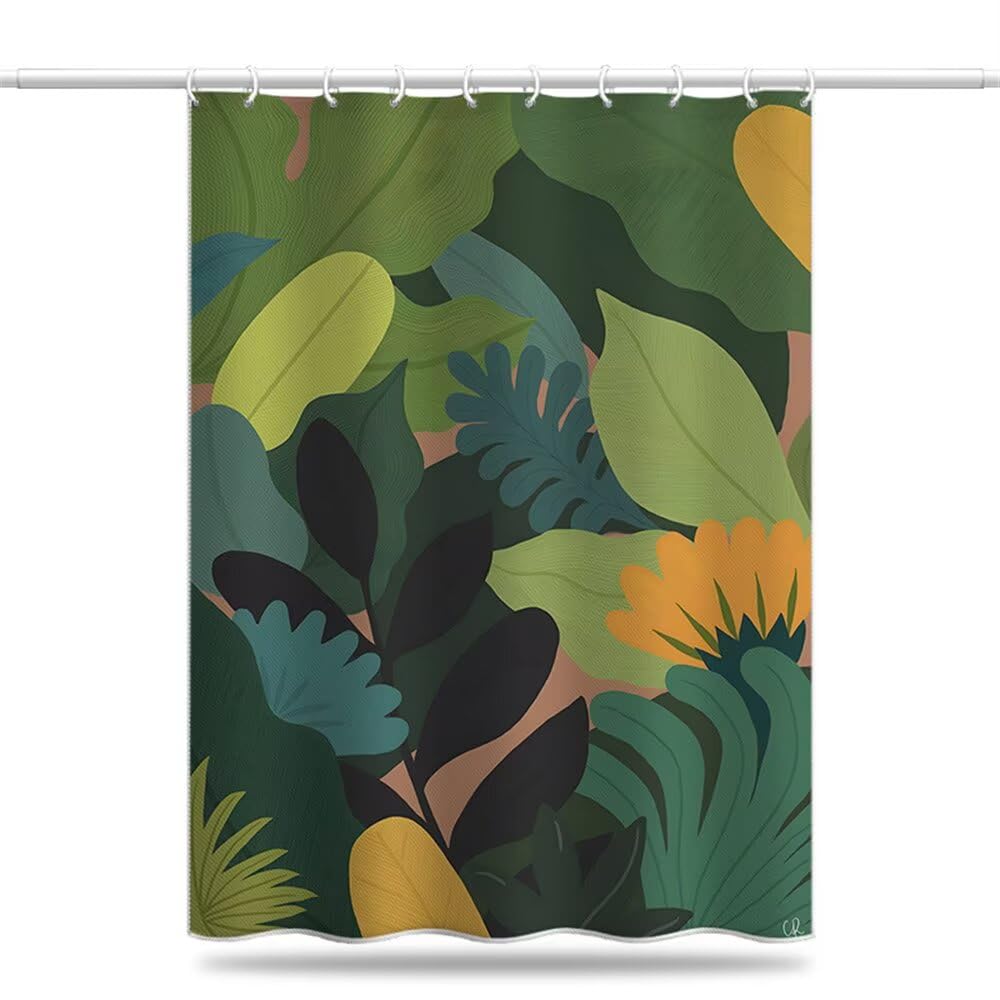 Shower Curtain Green Mould & Mildew Resistant Jungle Leaves Shower Curtains for Bathroom 100cm x 200cm Drop, Waterproof Polyester Bath Curtain with Hooks and Weighted Hem 39 x 79 Inch (LB421)
