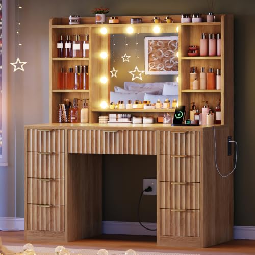 Image of FIONESO Fluted Vanity Desk with Mirror and Lights, Power Outlet, Makeup Vanity with 9 Drawers & 6 Open Storage Shelves, 3 Lighting Modes Brightness Adjustable, Natural Oak