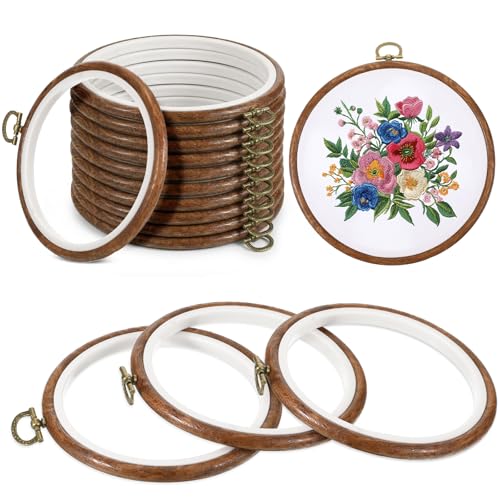AOZUO 15 Pcs 4 Inch Round Embroidery Hoops Imitated Wood Embroidery Frame Cross Stitch Circle Rubber Hoop Ring for Art Craft Sewing and Hanging Ornaments Decor Display
