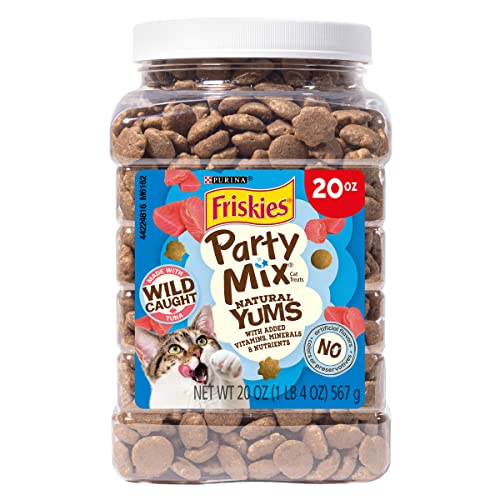Purina Friskies Natural Cat Treats, Party Mix Natural Yums With Wild Caught Tuna and added vitamins, minerals and nutrients – 20 oz. Canister