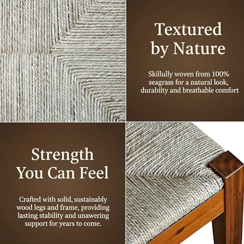 Image of Solid Wood Acacia Indoor Bench with Natural Woven Seat, 45 Inch Wood Bench for Living Room or Entryway, Bedroom End of Bed Bench or Dining Benches, Window Bench