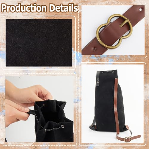 Image of GORGECRAFT Medieval Backpack Black Drawstring Fibre Bag with PU Leather Straps and Alloy Clasps Portable Pouch for Viking LARP Renaissance Outdoor Activities Cosplay Gym Workout Hiking 18x10.8 inch